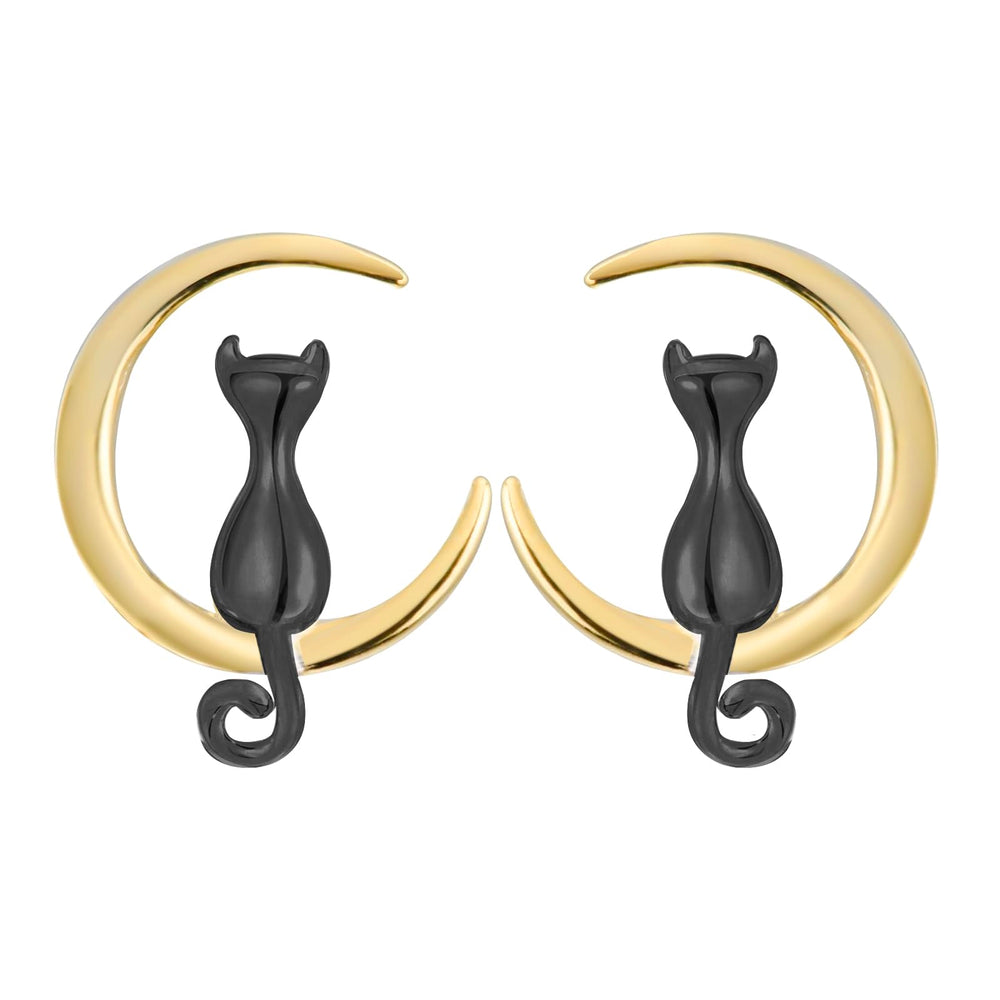 Cat Moon Stud Earrings Sterling Silver