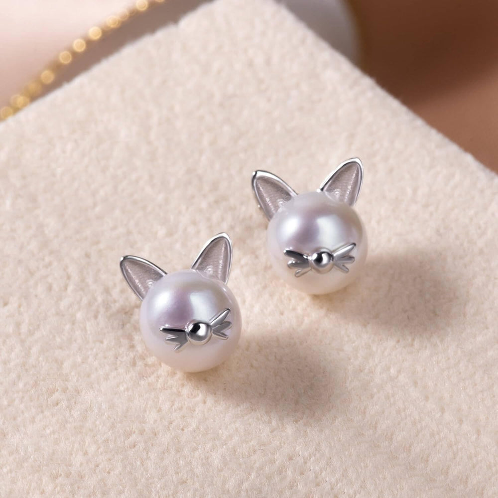 Cute Whisker Cat Pearl Stud Earrings