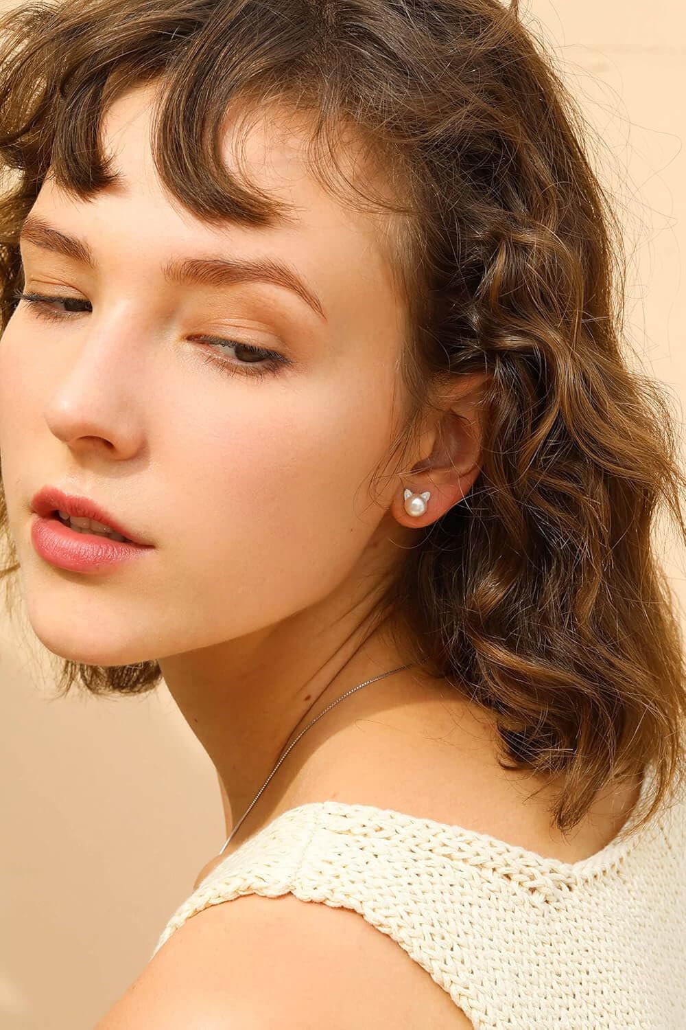 Cubic Zirconia Ear Cat Pearl Stud Earrings