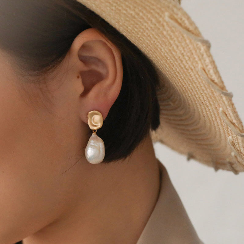 Large Natural Baroque Pearl Dangle Earrings Gold