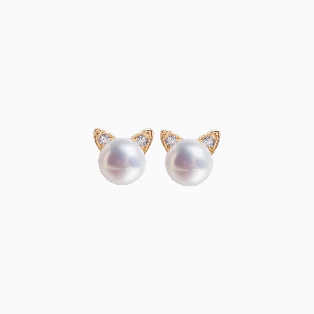 Cubic Zirconia Ear Cat Pearl Stud Earrings